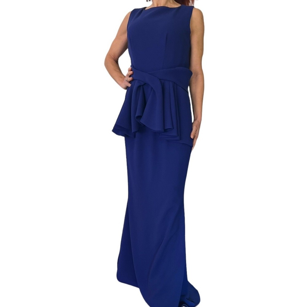 ISABEL SANCHIS RUNWAY COUTURE BLUE RUFFLE PEPLUM CREPE SLEEVELESS GOWN 42 8 M